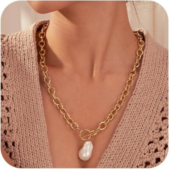 Jewelry - 14K Gold  pearl-gd Plated Chunky Layered Necklace | Paperclip Herringbone Chain